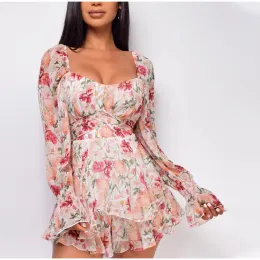 Vestido chronstyle verão feminino macacões manga longa rendas até babados floral impressão macacão feminino playsuits 2021 gola quadrada outfits