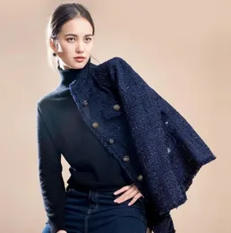 Giacca in tweed blu navy primavera autunno inverno donna 039 giacca cappotto classico da donna selvaggia da donna in tweed intrecciato con filo luminoso3585407