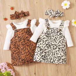 Vestidos Focusnorm 3pcs outono bebê meninas doces roupas define 018m voar manga sólida macacão tops + leopardo impresso macacão vestido