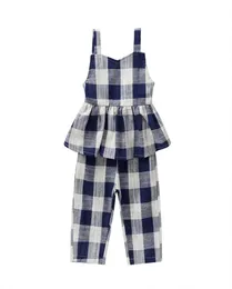 格子模様の子供の女の子オーバーソース夏の服コットン幼児オーバーオールファッション子供039S服15年8024132