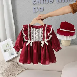 Girl Dresses Baby Girls Red Chiffon Dress Patchwork Bow Long Sleeve Shiny A-line Spring Vestidos Kids Versatile Birthday Party Frocks 1-4Y
