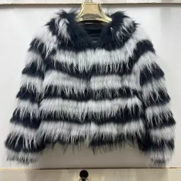 Fur 2023 New Fashion Real Raccoon Fur Coat for Women Autumn Winter Warm Vneck female Real Fur Coat Jacket Y4287