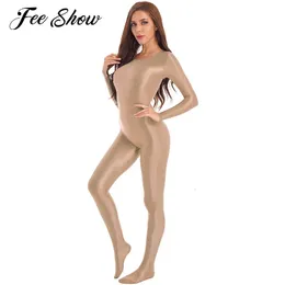 9 Colors Sexy Women Glossy Swimsuit Swimwear Long Sleeve Teddies Bodysuit Bodystockings Silky Full Body Suit Jumpsuit Rash Guard 240219