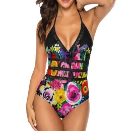 Swimwear Les Fleurs Vibrant Floral Painting Print Women Printed One Piece Swimwear Sexy Backless Swimsuit V Neck Summer Beach Wear