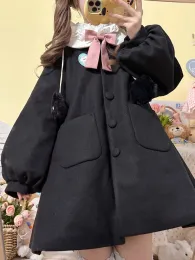 Blandar kimokokm japansk preppy vinter söt Peter Pan Collar Coat Kawaii Bow Full Sleeve SingleBreasted Loli Aline Woolen Outerweat