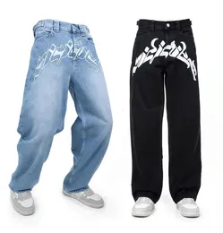 Calças de brim baggy harajuku hip hop em linha reta perna larga calças oversized impressão y2k masculino casual esfregar preto streetwear 240227