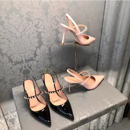 Sandali a punta, colore nudo francese da donna, tacco sottile, vernice, strass, nuovi tacchi alti stile fata 2024, scarpe singole