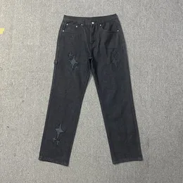 Broderade tvättade jeans män kvinnor 1 kvalitet unisex tung tyg lös casual byxor