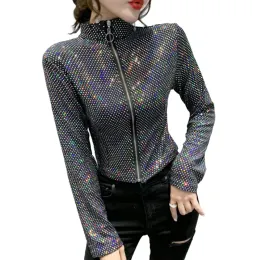 Jaquetas primavera outono e outumn glitter lantejacho jaqueta de lantejoulas com zíper do zíper sexy slim bottoming camisa de camisa sreetwear mujer chaqueta tops