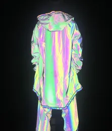 Mężczyźni kolorowe pełne odblaskowa kurtka z kapturem taniec uliczny klub nocny błyszczący gzzle na zewnątrz biegaczowy płaszcz wiatrówki1548769