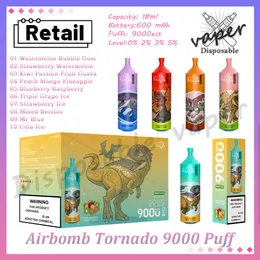 Розничная продажа Airbomb Tornado 9000 Puff Одноразовая электронная сигарета 18 мл Предварительно заполненный контейнер 600 мАч Аккумуляторная батарея 0% 2% 3% 5% Испаритель 10 вкусов 9 тыс. затяжек Vaprs