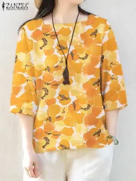 Blusa zanzea feminina algodão linho blusa moda floral impresso blusa 2023 outono 3/4 manga camisa casual gola quadrada boêmio topos