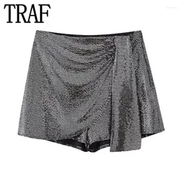 Gonne TRAF 2024 Donna Gonna con paillettes Argento Mini pantaloncini a vita alta Donna Nodo lucido Gonna da donna Autunno Elegante Corta