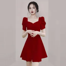 Dress Black Pink Red Square Neck Short sleeved Mini Dress Elegant High waist Solid Color Dresses for Wedddings Woman Guest Party