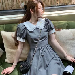 Kleid Neues Mädchenkleid Französische Akademie Graues Puppenhalskleid Damen Advanced Sense mit Blasenärmeln Ein Rock Koreanisches Mädchen-First-Love-Kleid