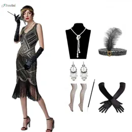 Abito anni '20 vintage Flapper Girls Gatsby Party Dress per le donne U Neck senza maniche con paillettes Nappe Abiti con ventaglio Collana Accessori