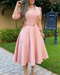 Kleid mit Puffärmeln, zweireihig, mit Gürtel, Blazer, Kleider für Damen, 2022, elegant, hochwertig, A-Linie, Midi, einfarbig