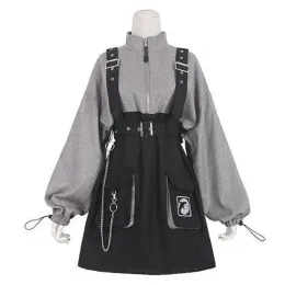 Kleid 2024 Retro Vintage Frauen Gothic Mädchen Punk Mini Kleid Hohe Taille Langarm Hut Kragen Sexy Grau Schwarz Lolita plus Größe Kleider