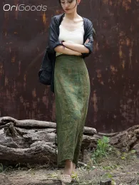 スカートオリチウッド女性サマーロングスカートグリーンプリントナチュラルファブリックラミー薄クールなスカートジャパンチャイニーズスタイルオリジナルかわいいスカートB174