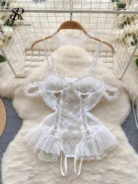 드레스 Singreiny 에로틱 오픈 크로치 레이스 바디 수트 여성 투명할만한 슬림 플레이 슈트 선임 란제리 얇은 포르노 섹시 잠옷