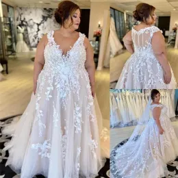 Suknie ślubne plus size ślubne suknia ślubna z D kwiatową koronkową aplikację V Szyjka Tiul Tiul Custom Condyt przyciski