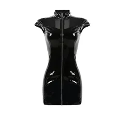 Sexy nighty gola alta pvc látex falso couro fetiche gótico zíper mulher mini rendas até clubwear lápis preto dress8459913