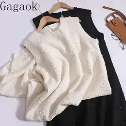الفساتين غير الرسمية Gagaok Women 2024 الربيع الخريف الصلب بلا أكمام فرنسية مستديرة الرقبة فستان الترتر أسفل الخزان أعلى فيديوس