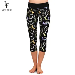 Legginsy pozwala na wysokim talii dla kobiet legginsy 3D Dragonfly Print Capri Leggins Summer Soft Fitness Midcalf 3/4