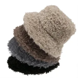 New Outdoor Warm Lamb Faux Fur Bucket Hat Black Solid Fluffy Fishing Cap Lovely Plush Warm Fisherman Hat Women Winter272U