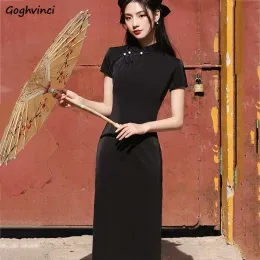 Kleid Chinesischen Stil Stehkragen Kleider Frauen Dünne Temperament Schwarz Qipao Vintage Kurzarm Schlank Sexy Vestido Elegante M3XL Neue