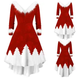 Dress Fashion Spliced Christmas Dress Women Winter Furry Plush Party Dress Female Long Sleeve Irregular A line Dress Vestidos Navidad