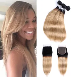 1B27 Ombre Blonde Hair Bundles with Closure 3 번들 4x4 레이스 폐쇄 브라질 직선 머리 remy human hair extensions7002045