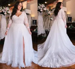 Summer Bohemian Garden Beach Plus Size Wedding Dresses A Line Sheer Long Sleeves V Neck Appliques Bridal Gowns With Split BC18312