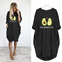 Yeni 2022 Bahar Vintage Avokado Elbise Karikatür Kadın Cep Gevşek Giysiler Ev Günlük Elbiseler Uzun Kollu Üstler Büyük boy 5xl