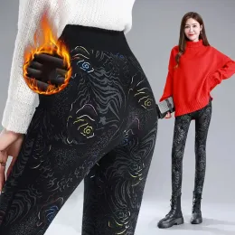 Leggings Thicken Legginsy Slim Velvet Lined Print Leggings Pants Womens Winter Anklelength Warm Plush Mom Leggins High Waist Pantalones