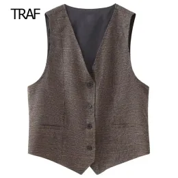 Gilet TRAF Plaid Sartoriale Gilet da donna Gilet Autunno 2023 Scollo a V senza maniche Gilet Stile coreano Capispalla Gilet femminile di alta qualità