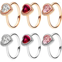 Cluster Rings Rose Gold Sparkling Love Heart Glamour With Pink &Red Crystal For Women 925 Sterling Silver Ring Gift Fashion Jewelry