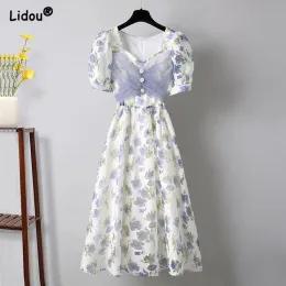 Klänningar söta eleganta smala eleganta broderade blommiga alinkjolar Vneck kort ärm GASE Summer Fashion Women's Clothing 2022