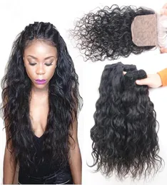 Wet and Wavy Malaysian Human Hair Weave Bundles With Parting 4x4 Silk Base Closure 4Pcs Lot Water Wave Human Hair Wefts Exten3809606