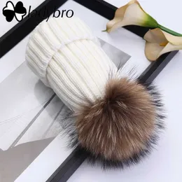 Ladybro Cappelli invernali caldi Donna Vera pelliccia Pompon Skullies Berretti Cappello di velluto lavorato a maglia Cappellino da neve Cappellino spesso femminile Cofano Femme236I