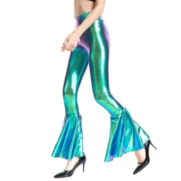 Capris mulheres flare calças brilhantes laser metálico wetlook plissado calças de perna larga retro 70s disco hippie clube calças bell bottoms