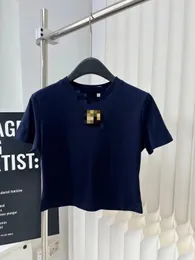 Gratis frakt 2024 Navy Blue O Neck Kort ärmar Pärlor Kvinnor T Skjortor Designer Logo Letter Crystals Short Women Tops 3052