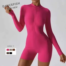 Damen-Trainingsanzüge DANCEFISH 2023 Damen Open Neck Zipper Langarm-Aktivitätsset Tanz-Fitness-Sportanzug Tight Air Yoga-Overall J240305