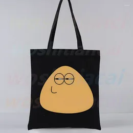 Shopping Bags Game My Pet Alien Pou Black Canvas Bag Casual Large Hand For Women Ladies Handbag Print Capacity