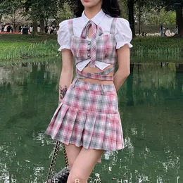 Kjolar faldas y2k mode koreansk preppy stil mini kvinnor klädblus sommar set vit rosa kawaii harajuku veckad rutig skid