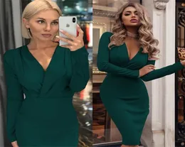 Fashion Women Bandage Bodycon Dress Office Lady OL Clothes Summer Long Sleeve Deep V Neck Sexy Party Cocktail Short Dresses Y01189678498