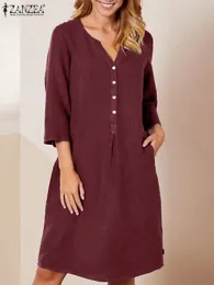 Vestito ZANZEA Moda Estiva Vestito Estivo Donna Scollo A V Manica 3/4 Abiti Solid OL Lavoro Al Ginocchio Abito Casual Allentato Vestito Da Partito Caftano