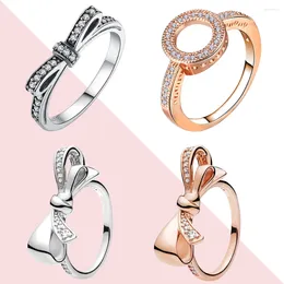 Cluster Rings XNMY European Pop Silver Color Rose Gold Bow Knot Wedding Ring With Shiny Crystal Party Jewelry Valentine's Day Gift