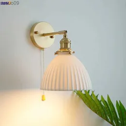 Wall Lamp IWHD Pull Chain Switch LED Wall Light Fixtures Bedroom Living Room Bathroom Mirror Beside Lamp Copper Ceramic Wall Sconce