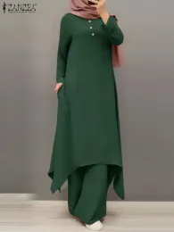 Set Ramadan Outfit 2 -stycken Set Turkiet Dubai Abaya Suit Zanzea Muslim Blue Abayas för kvinnor långärmad skjorta breda benbyxor baggy